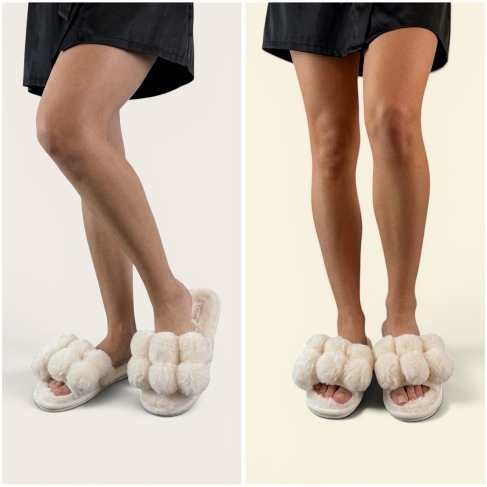 Jane Marie White Faux Fur‎ Pompom Slippers Slides Fuzzy House Shoes Medium 7-8